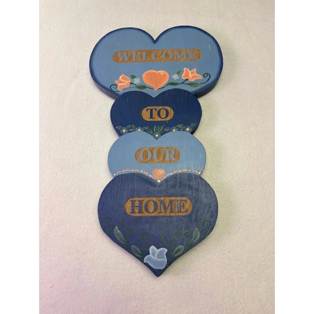 Handmade Welcome To Our Home Sign Wall Plaque Blue Wood‎ Hearts Vtg 1989 Cottage